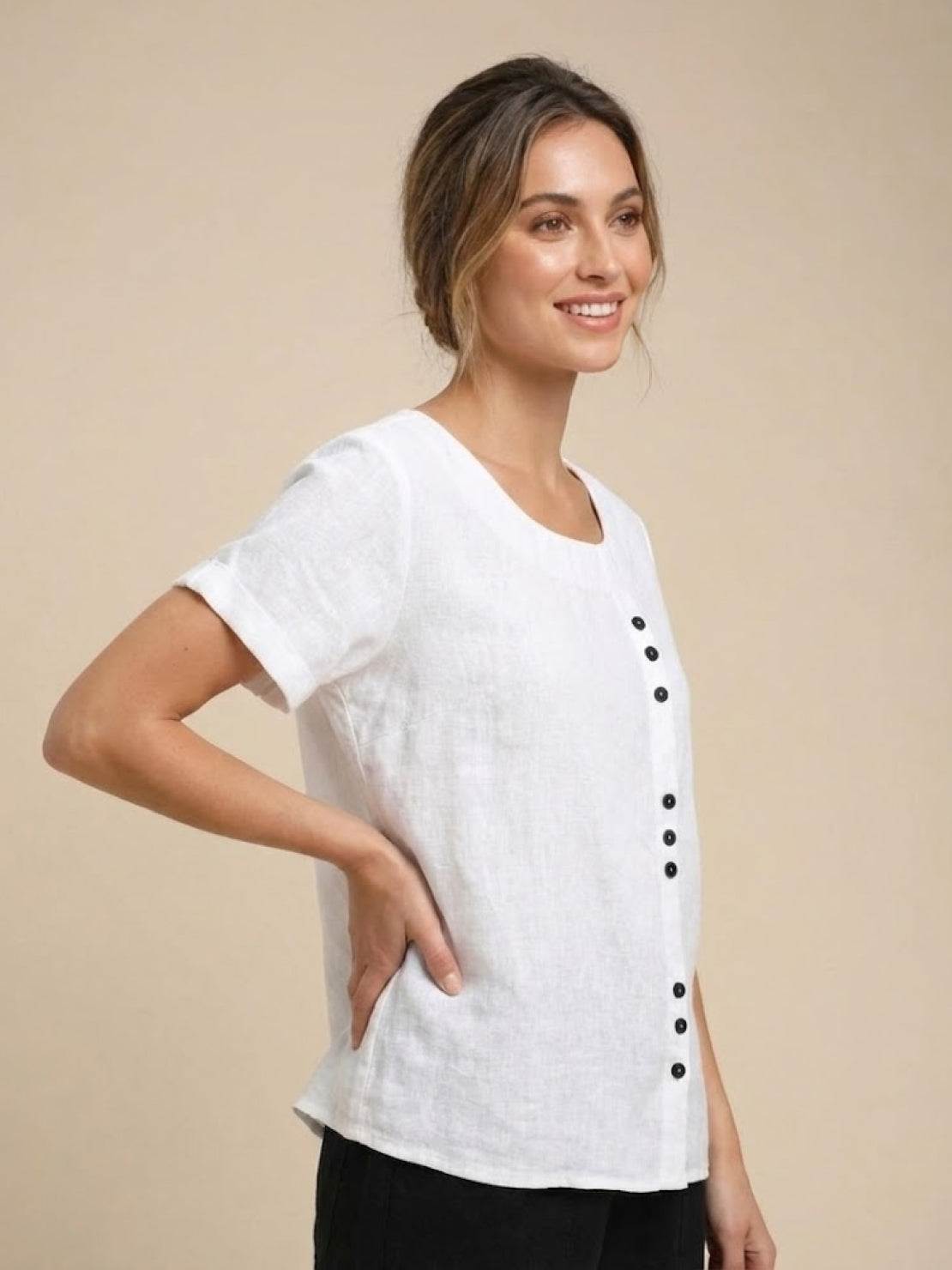 Taylor | Women’s Linen Round Neck Button Blouse