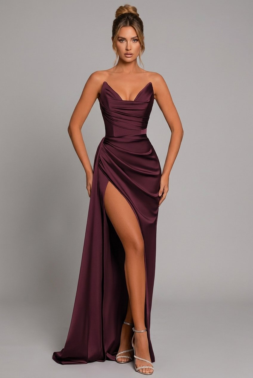 Charlotte | Satin Maxi Dress Ruched Sweetheart Split