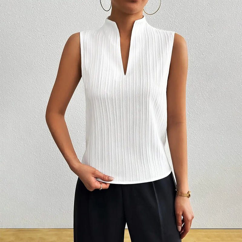 Camila | Sleeveless Striped V-Neck Blouse Stand Collar