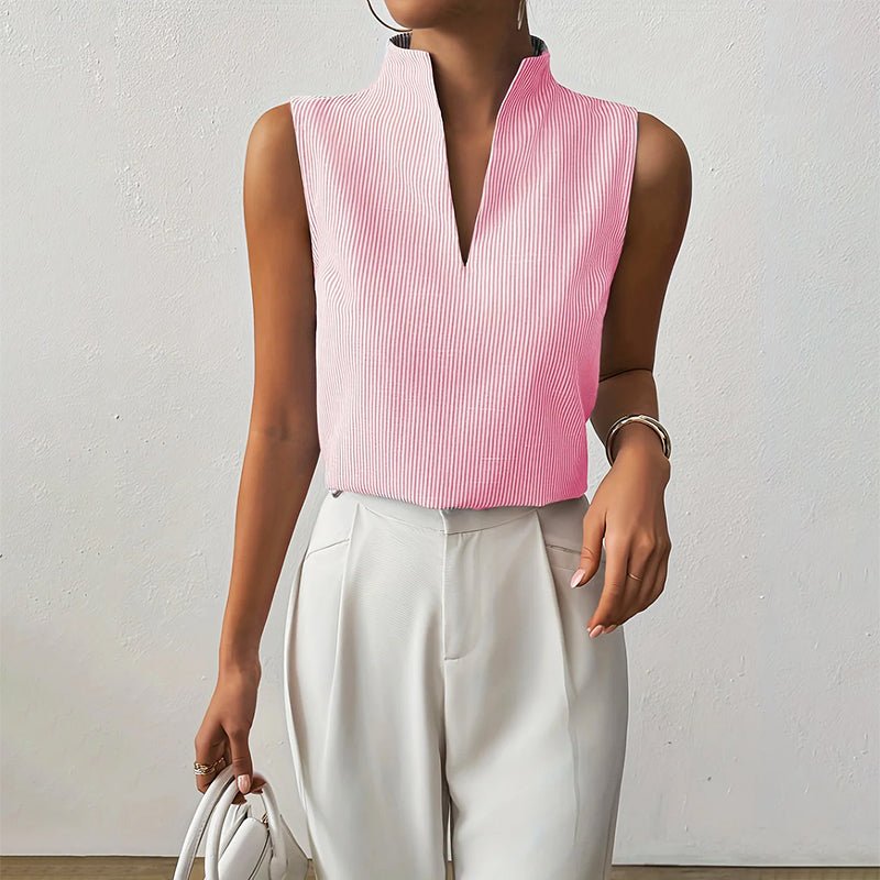 Camila | Sleeveless Striped V-Neck Blouse Stand Collar