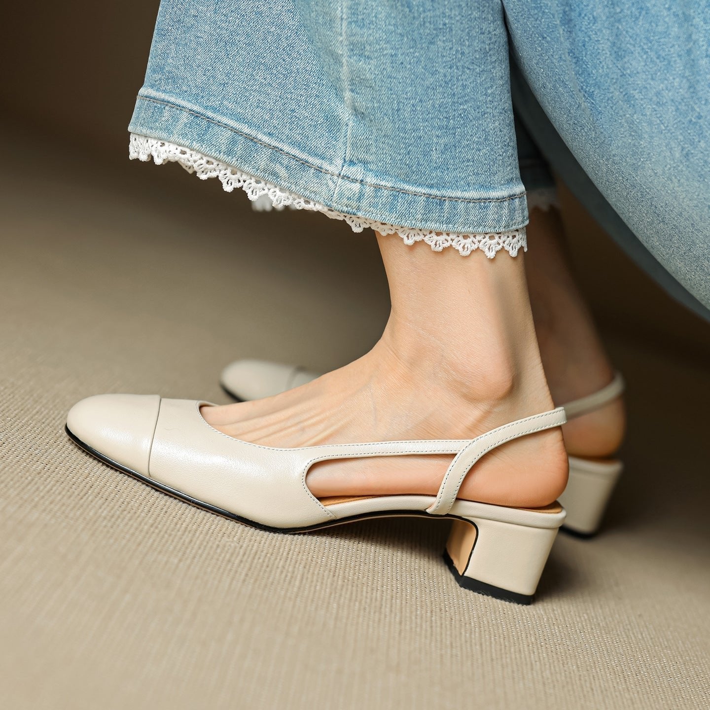 Eleanor | Slingback Pumps Genuine Leather Almond Toe Block Heel