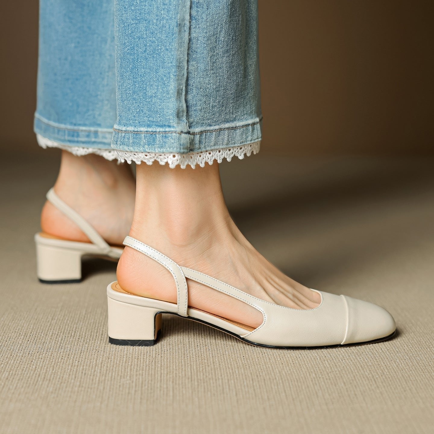 Eleanor | Slingback Pumps Genuine Leather Almond Toe Block Heel