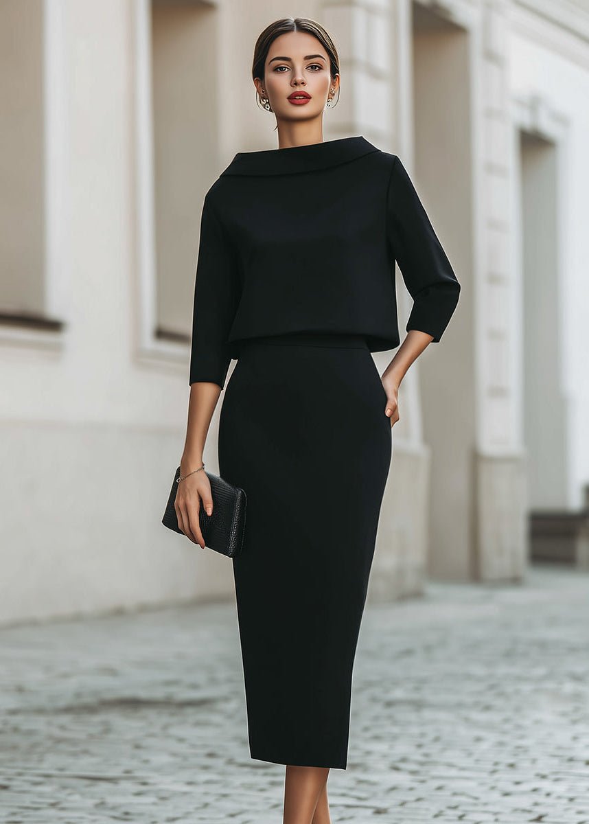 Evelyn | Two Piece Set Boat Neck Top Midi Skirt 3/4 Sleeve Crepe