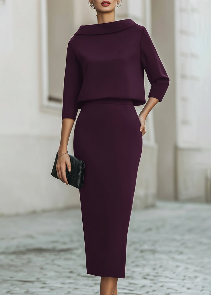 Evelyn | Two Piece Set Boat Neck Top Midi Skirt 3/4 Sleeve Crepe