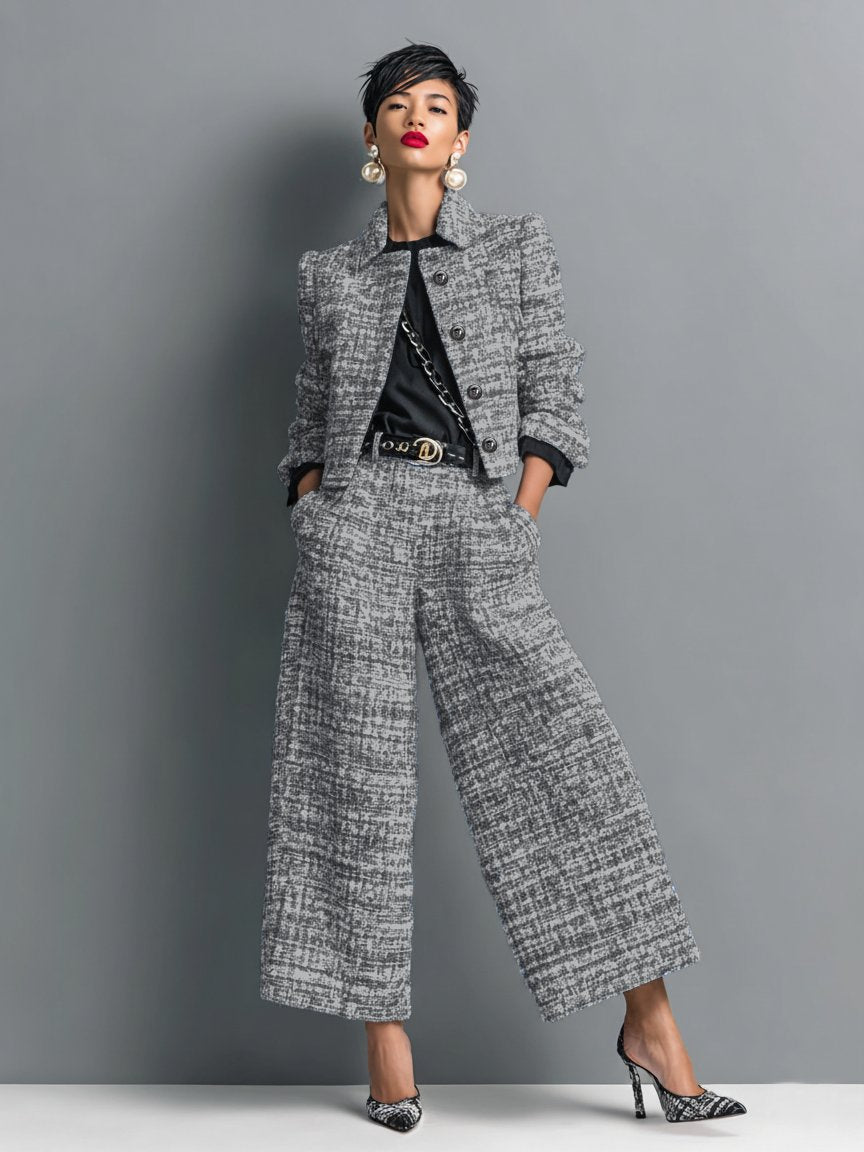 Harper | Two Piece Tweed Set Cropped Jacket Wide Leg Pants