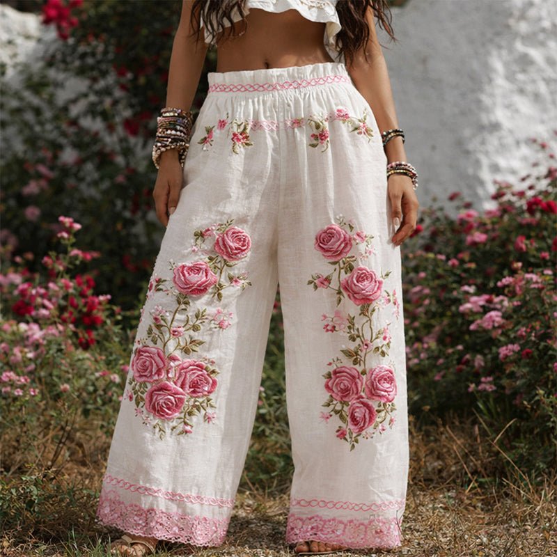 Camila | Wide Leg Pants Floral Embroidered Drawstring