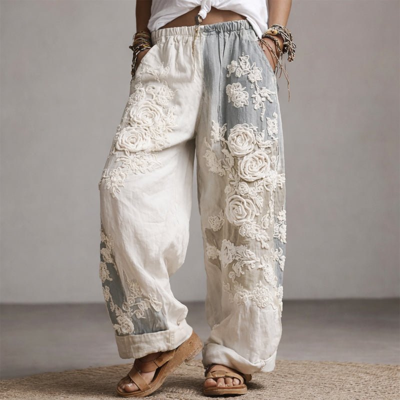 Camila | Wide Leg Pants Floral Embroidered Drawstring