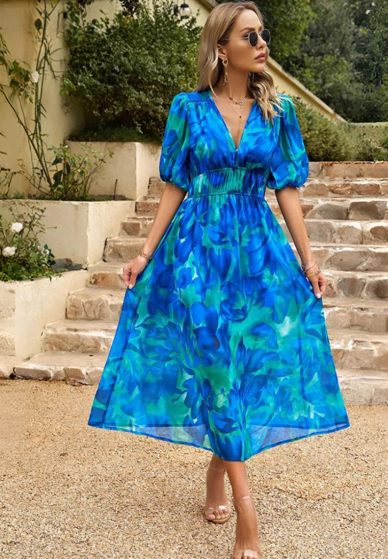 Jasmine | Women's Floral V Neck Midi Wedding Guest Dress