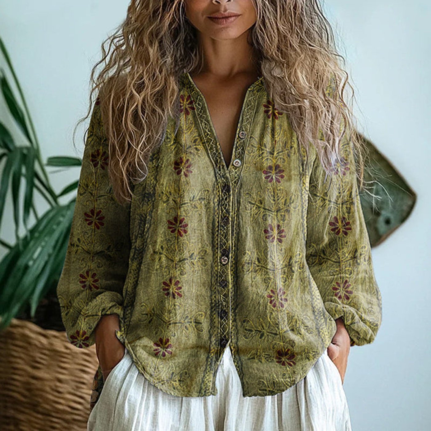 Evelyn | Women's Boho Linen Button-Down Cardigan Blouse Long Sleeve V-Neck