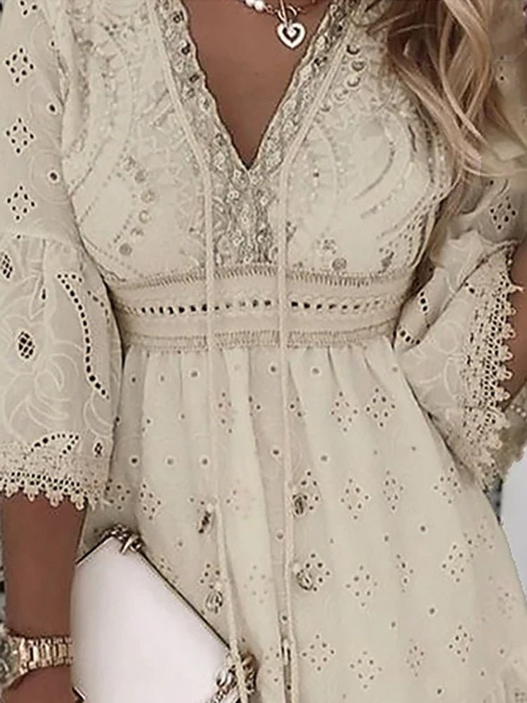 Scarlett | Women's Boho Mini Dress V-Neck Bell Sleeves Eyelet Lace