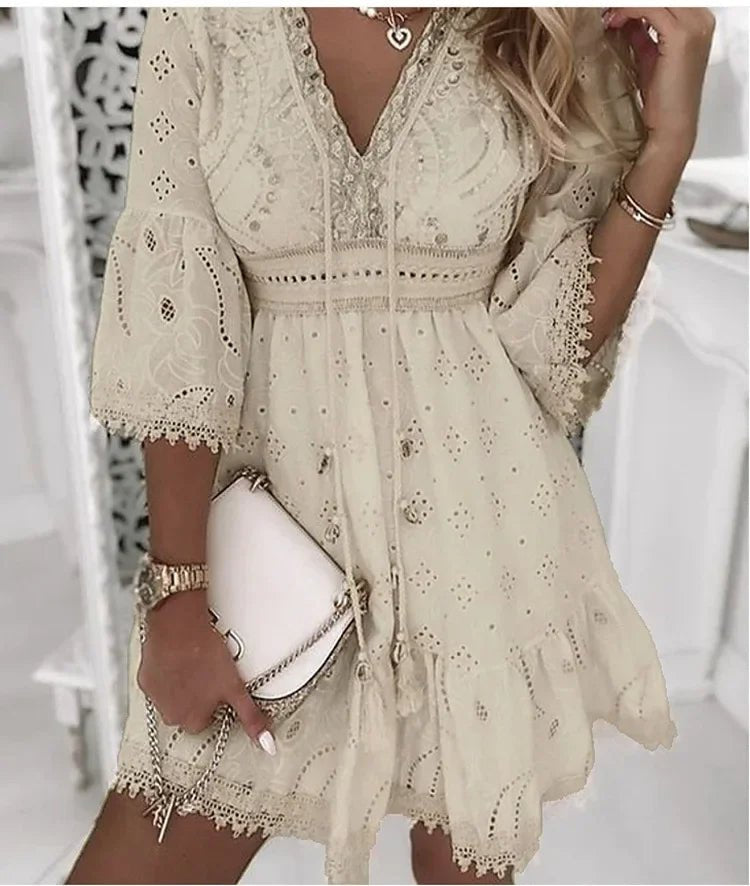 Scarlett | Women's Boho Mini Dress V-Neck Bell Sleeves Eyelet Lace