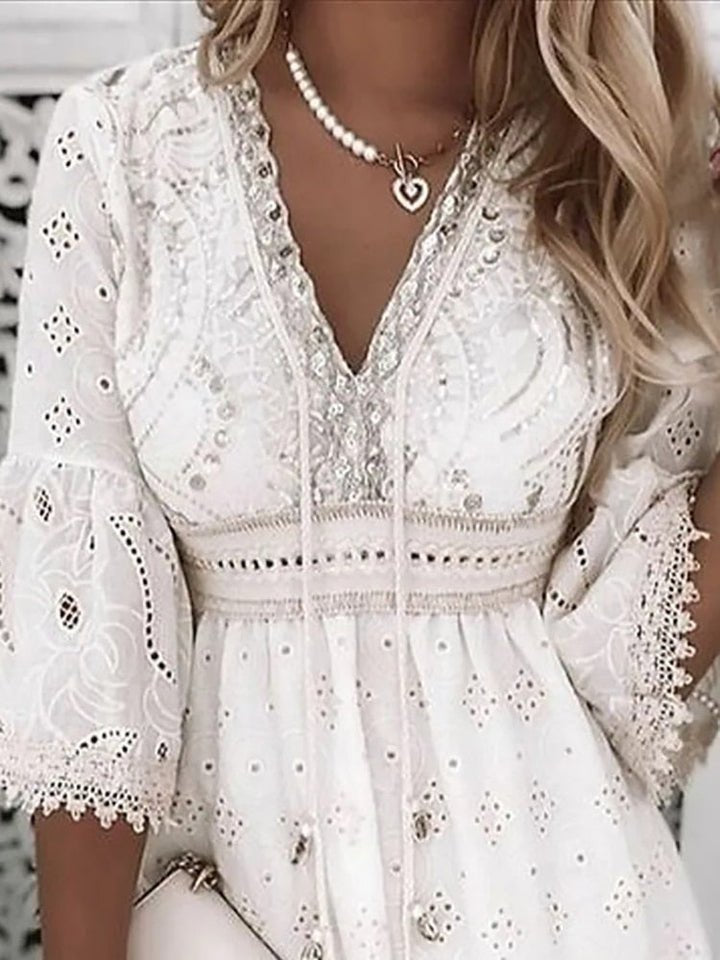 Scarlett | Women's Boho Mini Dress V-Neck Bell Sleeves Eyelet Lace