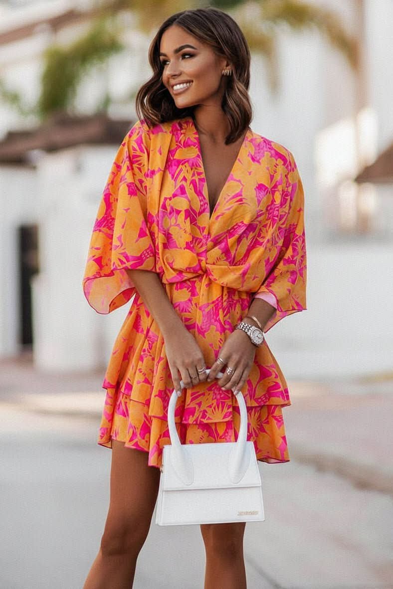 Mia | Women's Boho Tropical-Print Mini Cocktail Dress Tiered Skirt