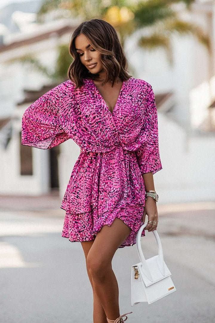 Mia | Women's Boho Tropical-Print Mini Cocktail Dress Tiered Skirt