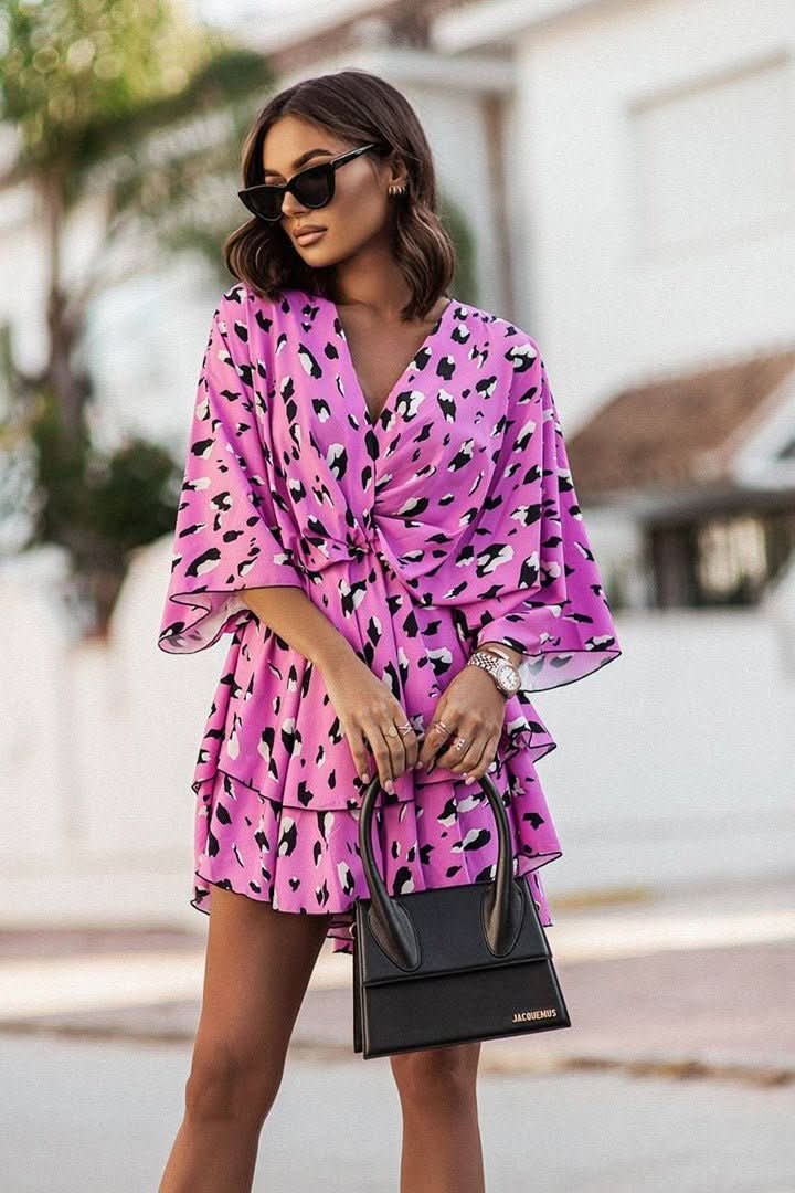 Mia | Women's Boho Tropical-Print Mini Cocktail Dress Tiered Skirt