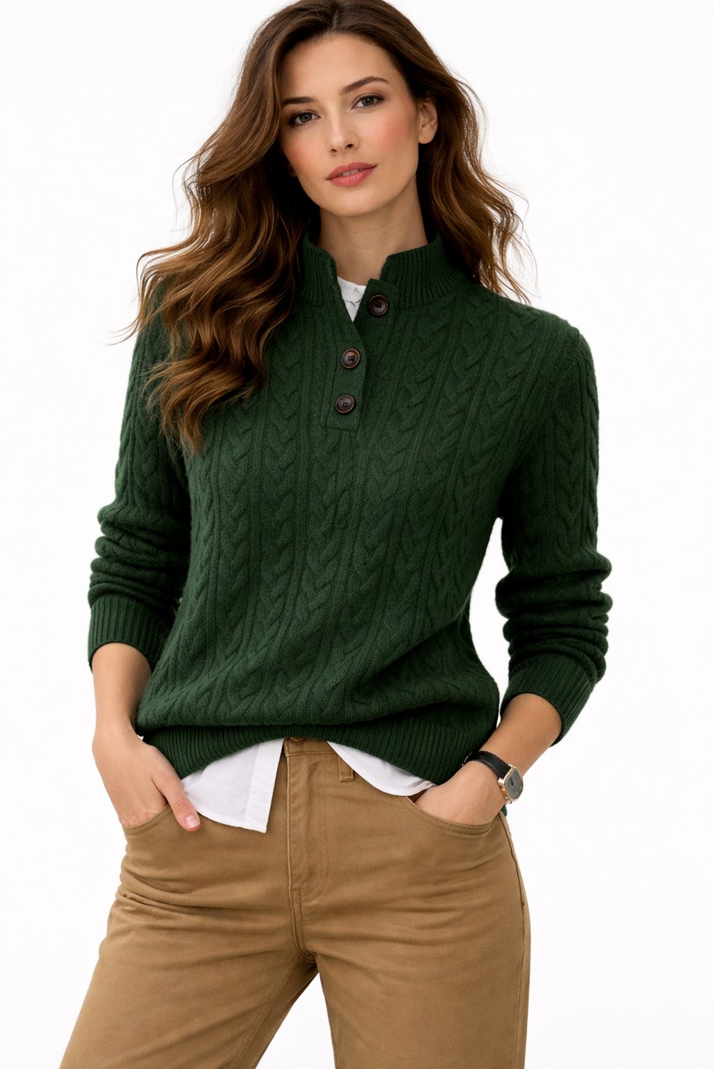 Madison | Women's Cable Knit Button-Neck Wool Blend Pullover Sweater