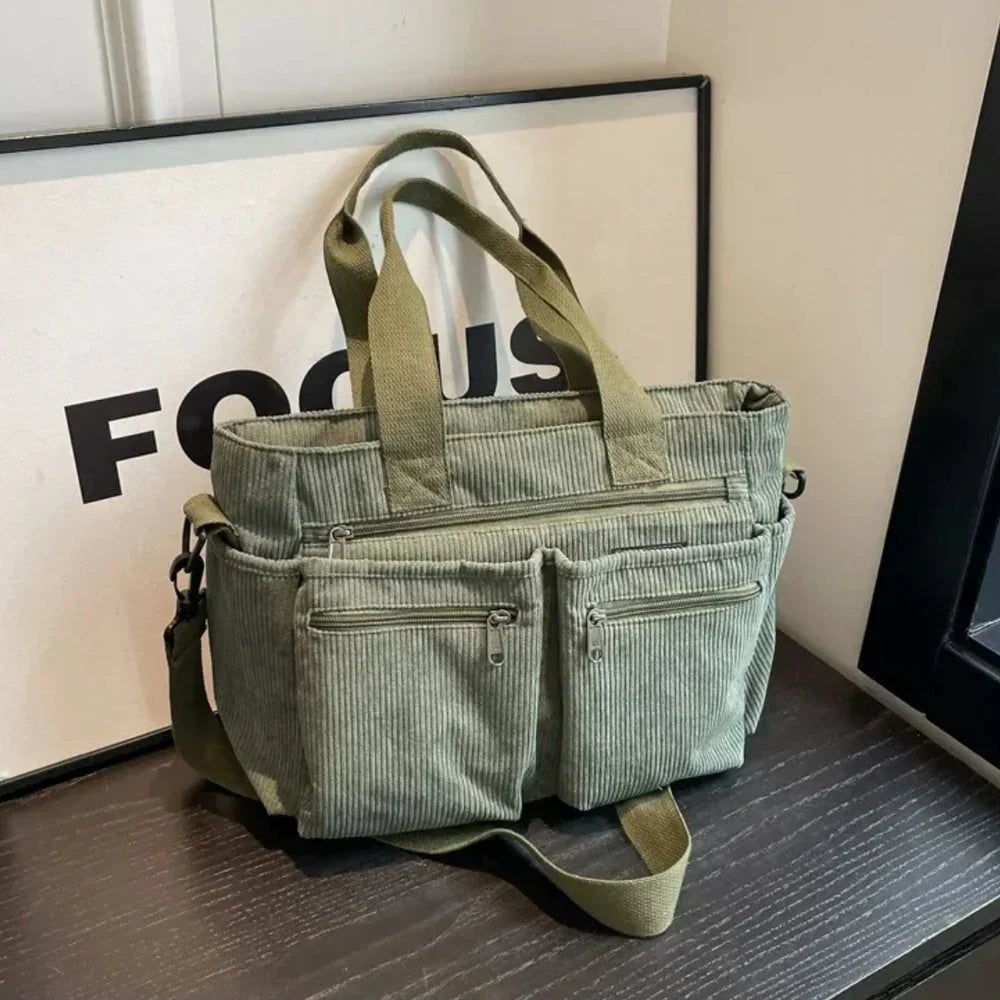 Amelia | Women's Corduroy Multi-Pocket Convertible Tote Bag
