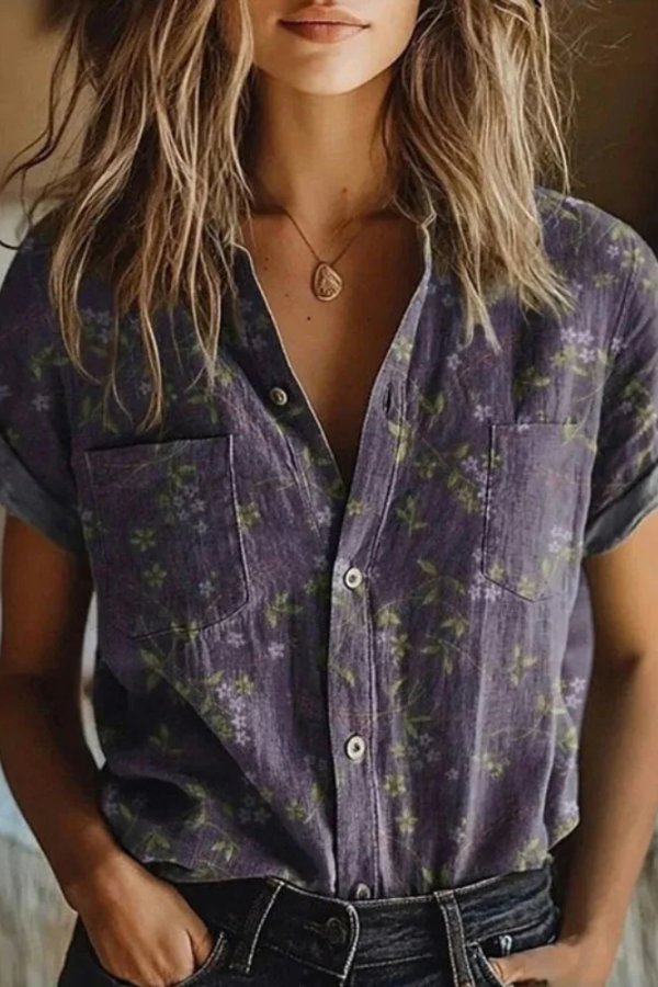 Eleanor | Women's Cotton Floral Button Down Blouse Short Sleeve