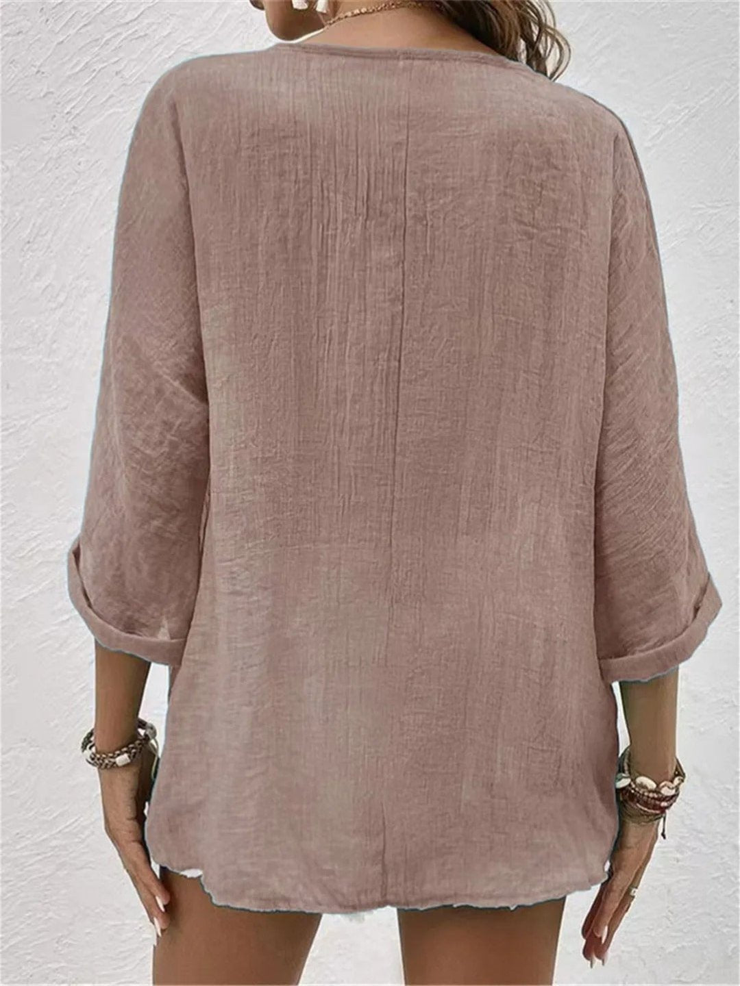 Grace | Women's Cotton V-Neck Button-Front Top Three-Quarter Sleeve