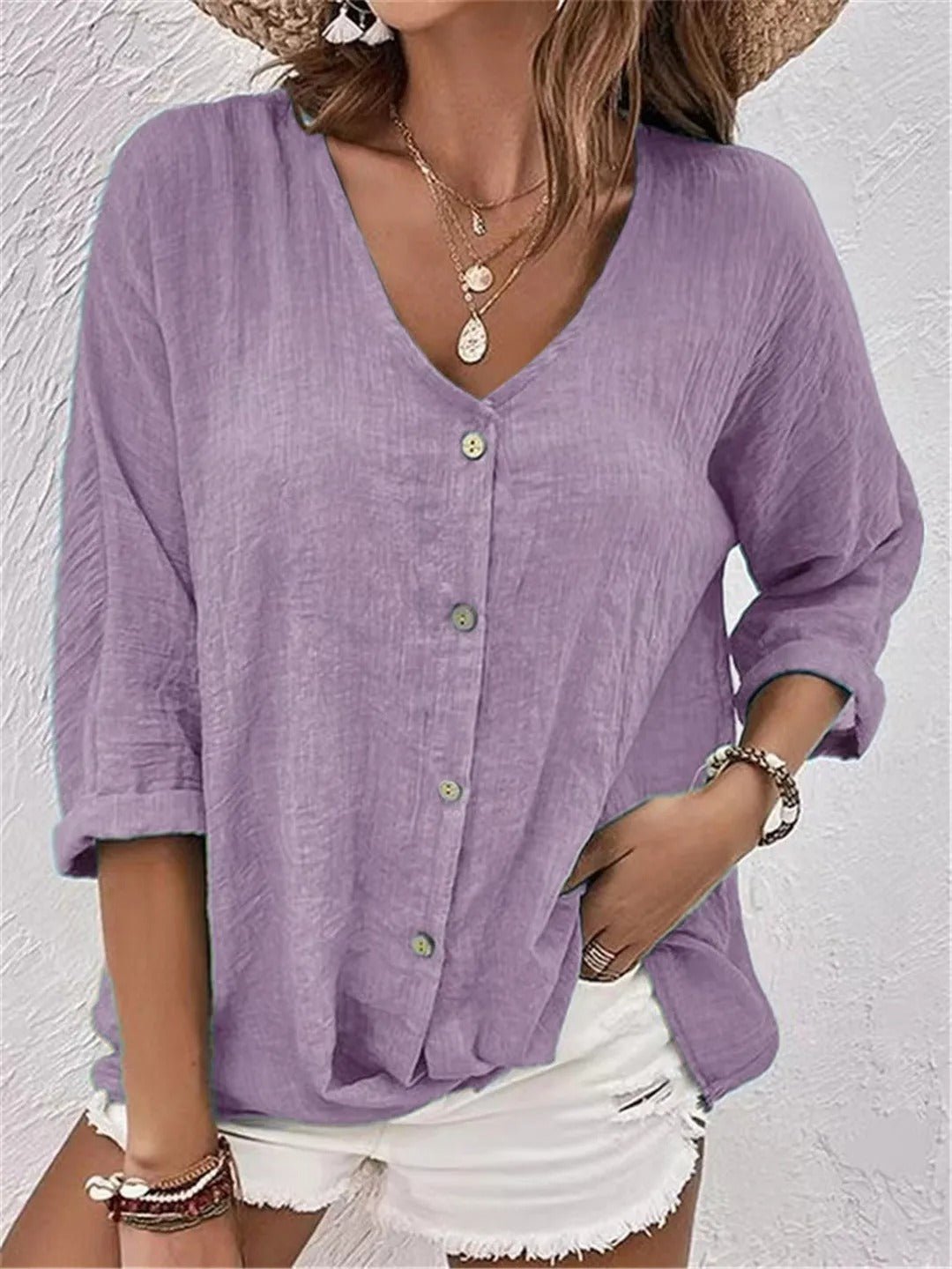 Grace | Women's Cotton V-Neck Button-Front Top Three-Quarter Sleeve