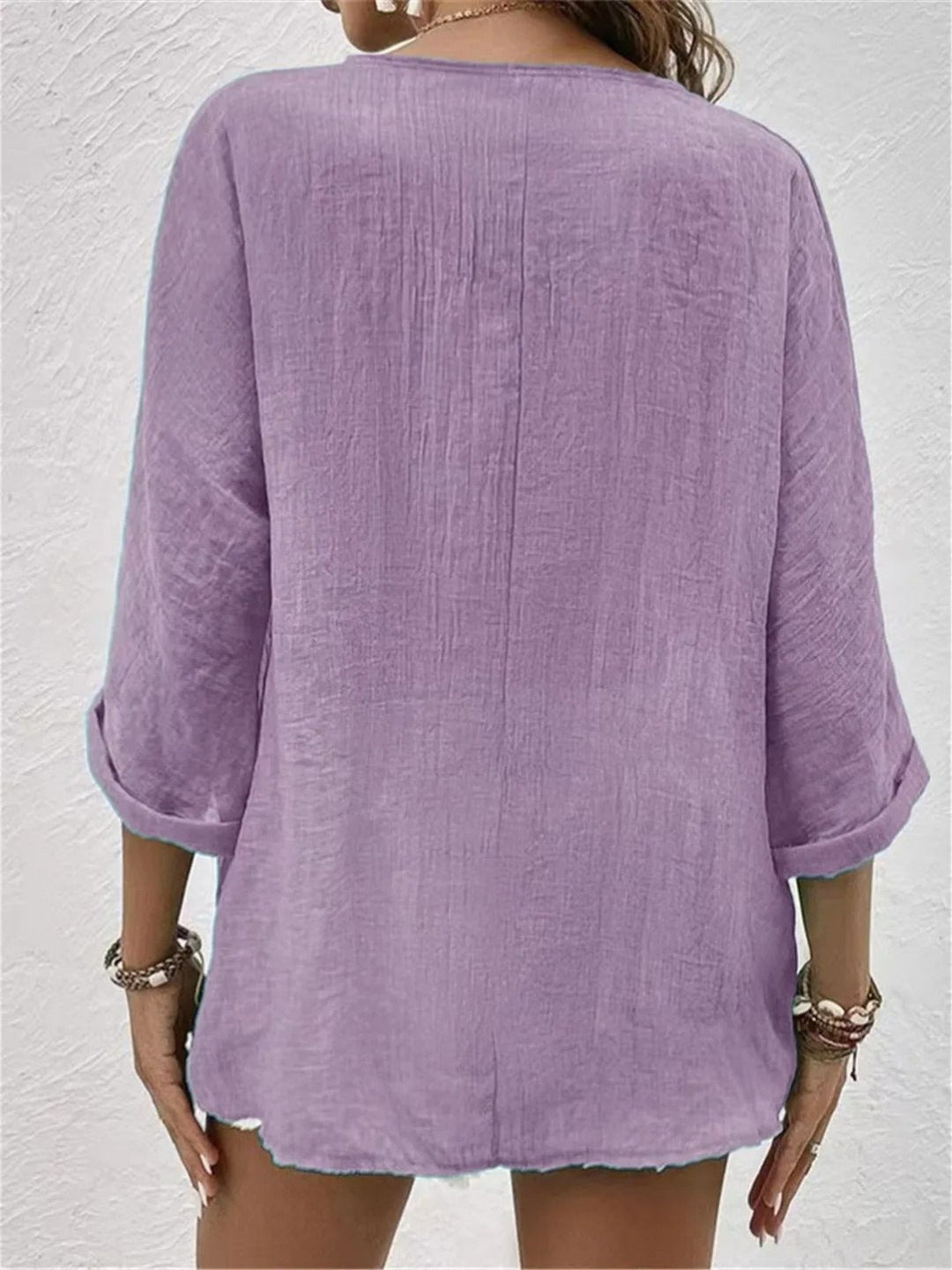 Grace | Women's Cotton V-Neck Button-Front Top Three-Quarter Sleeve