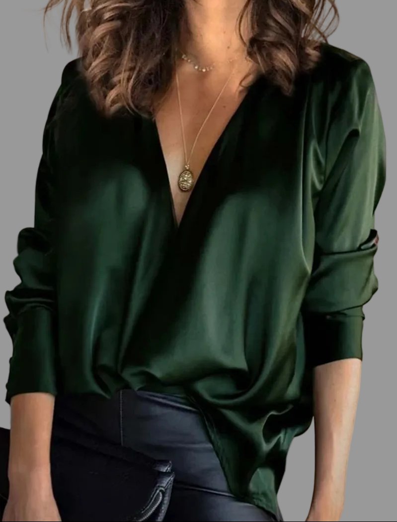 Aria | Women's Deep V-Neck Satin Long-Sleeve Draped Blouse