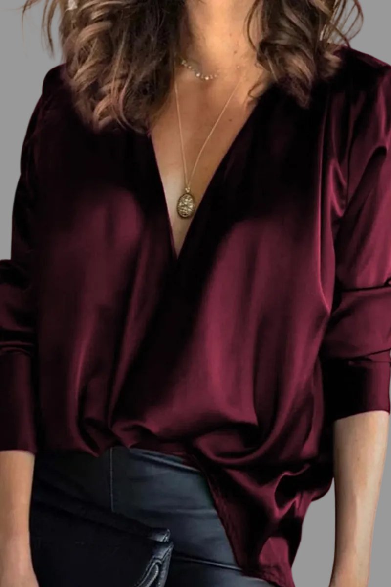 Aria | Women's Deep V-Neck Satin Long-Sleeve Draped Blouse