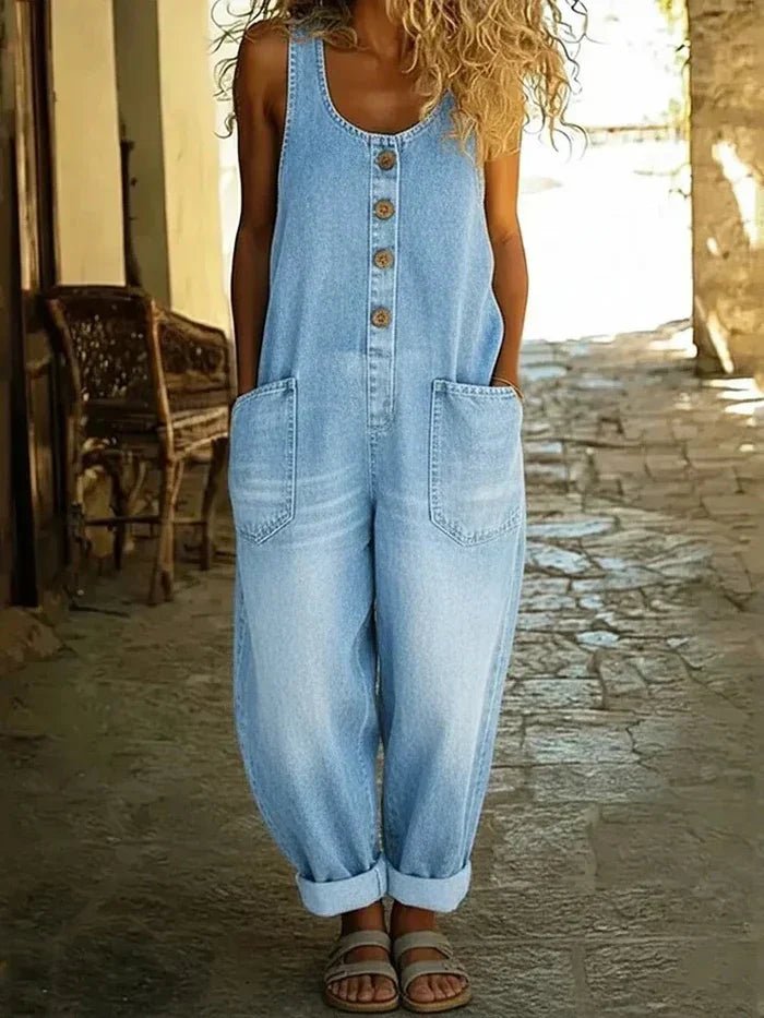 Penelope | Women's Denim Overalls Sleeveless Loose Fit Button Front