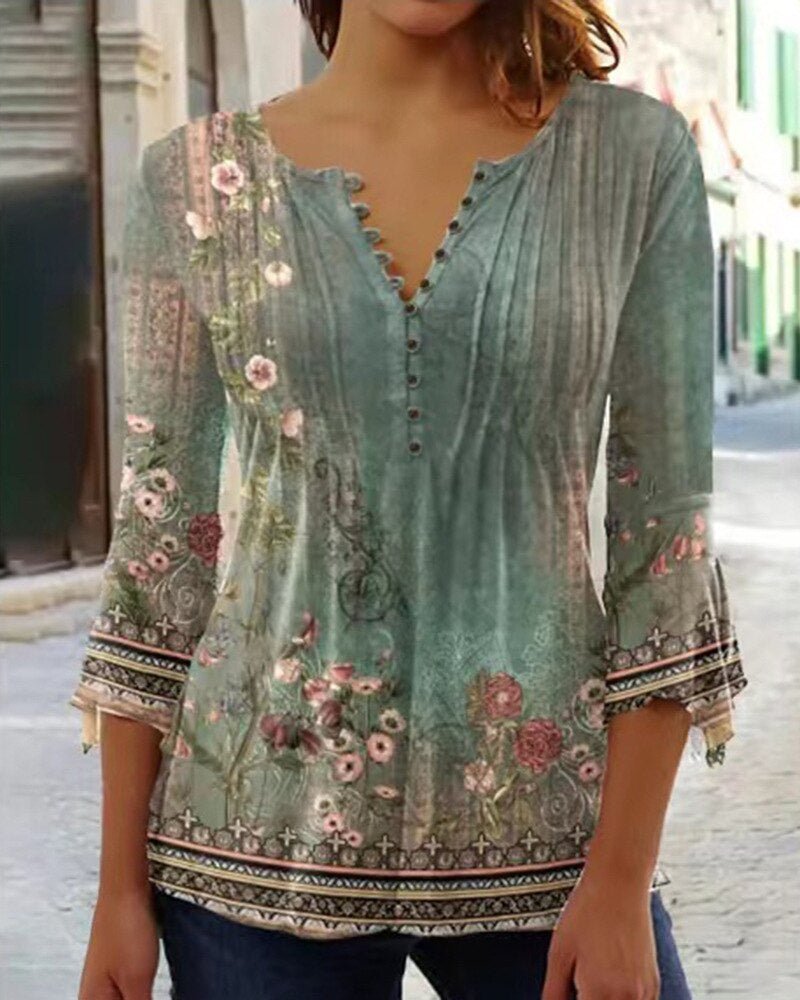 Amelia | Women's Floral Long Sleeve Relaxed-Fit Henley Blouse