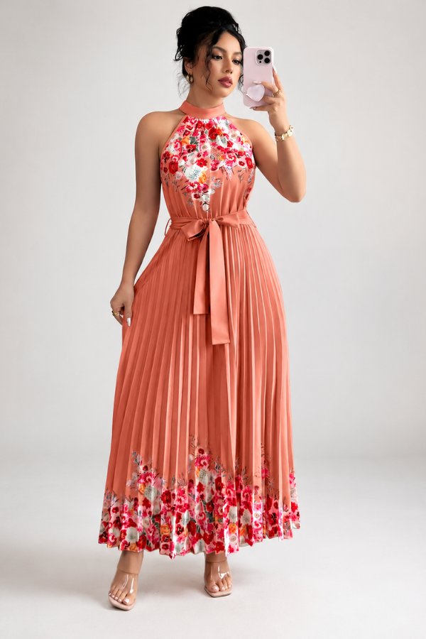Camila | Women's Floral Pleated Halter Evening Gown Midi Dress