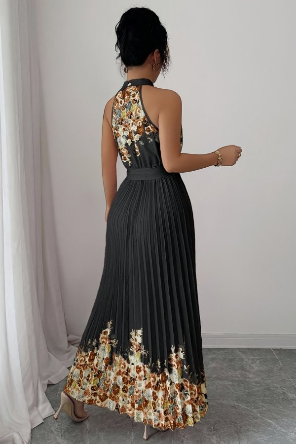 Camila | Women's Floral Pleated Halter Evening Gown Midi Dress