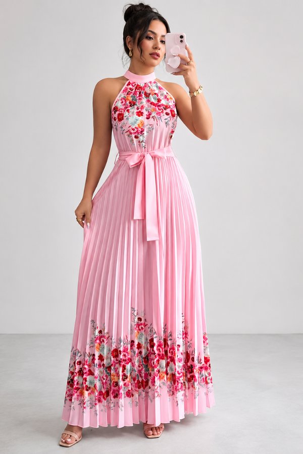 Camila | Women's Floral Pleated Halter Evening Gown Midi Dress