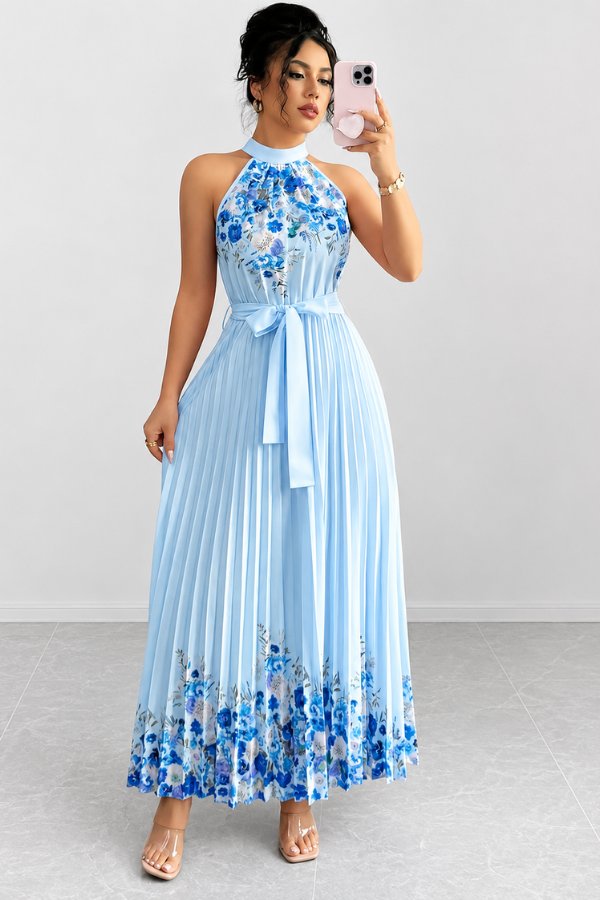Camila | Women's Floral Pleated Halter Evening Gown Midi Dress