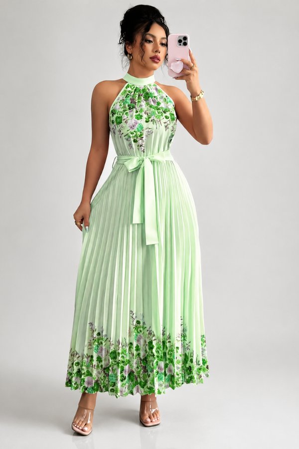 Camila | Women's Floral Pleated Halter Evening Gown Midi Dress