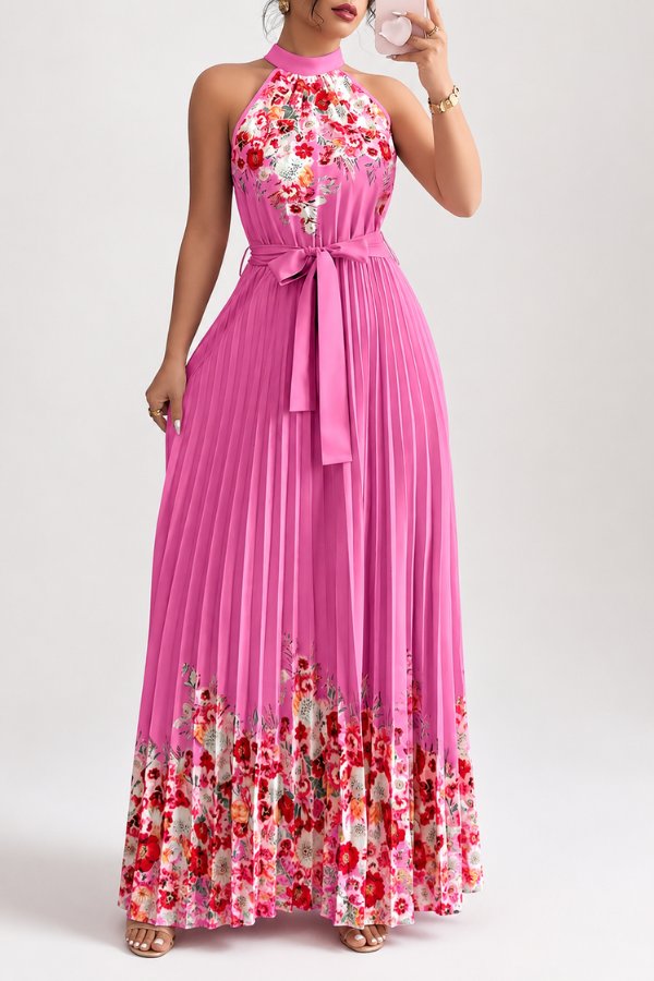 Camila | Women's Floral Pleated Halter Evening Gown Midi Dress
