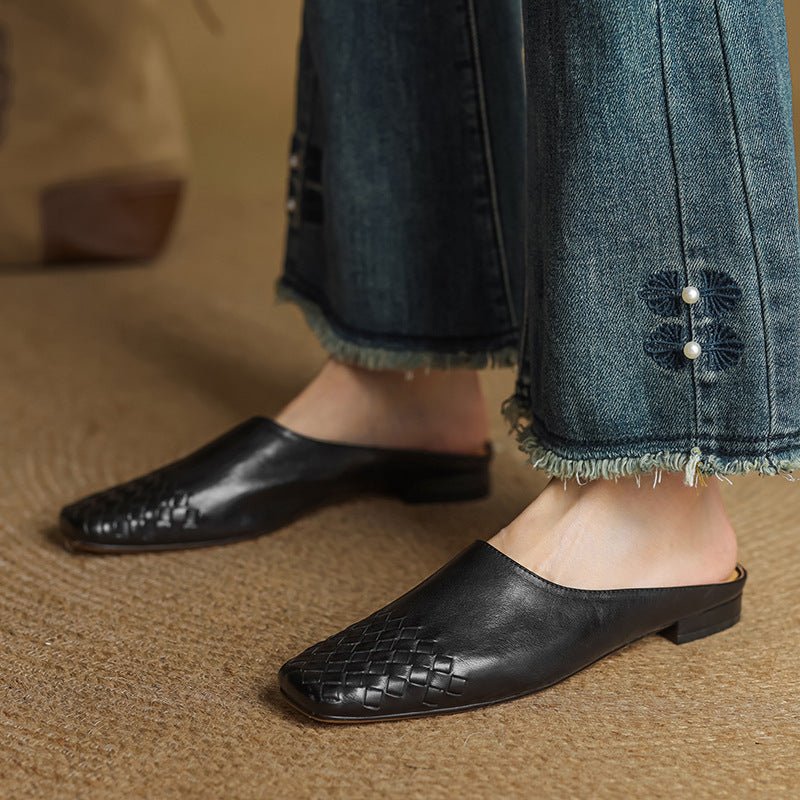 Aria | Women's Leather Mules Square Toe Woven Slip-On Flats