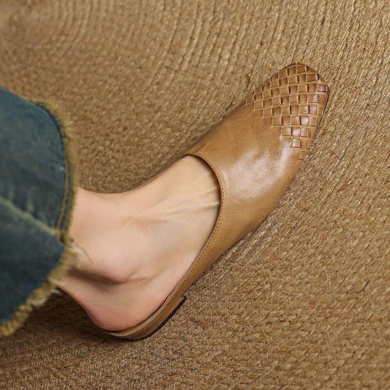 Aria | Women's Leather Mules Square Toe Woven Slip-On Flats