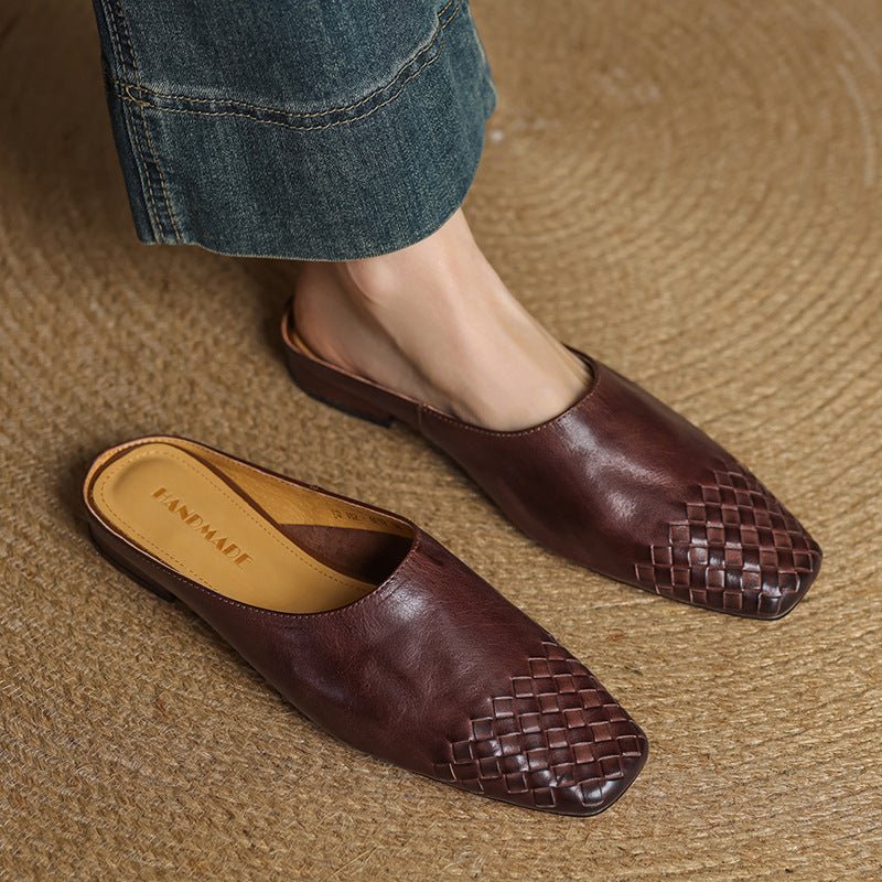 Aria | Women's Leather Mules Square Toe Woven Slip-On Flats