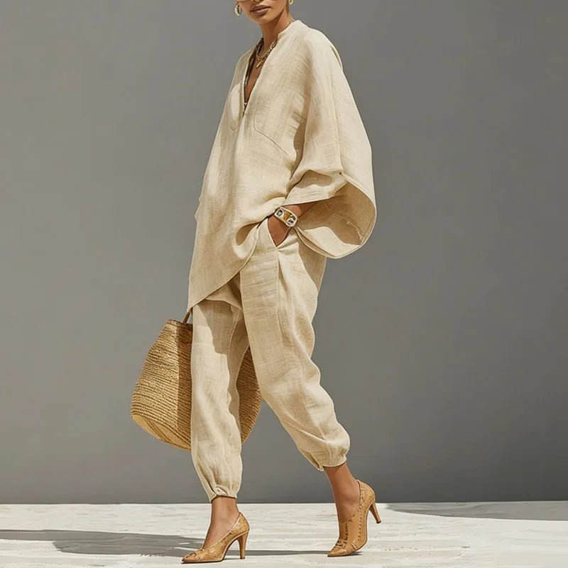 Evelyn | Women's Linen Matching Set Batwing Top Tapered Pants