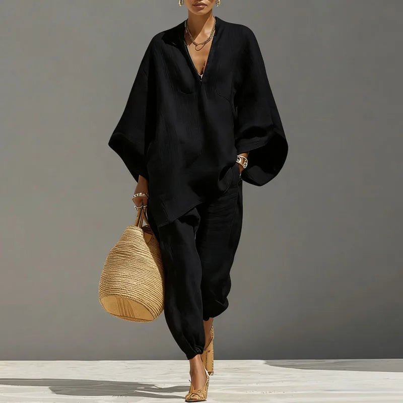 Evelyn | Women's Linen Matching Set Batwing Top Tapered Pants