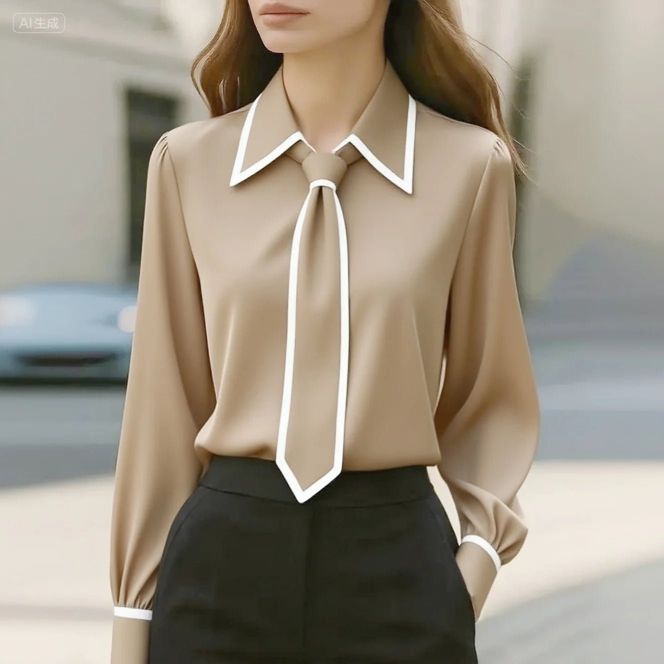 Victoria | Women's Long Sleeve Contrast Trim Tie Neck Button-Down Blouse