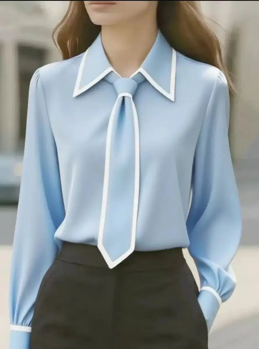 Victoria | Women's Long Sleeve Contrast Trim Tie Neck Button-Down Blouse
