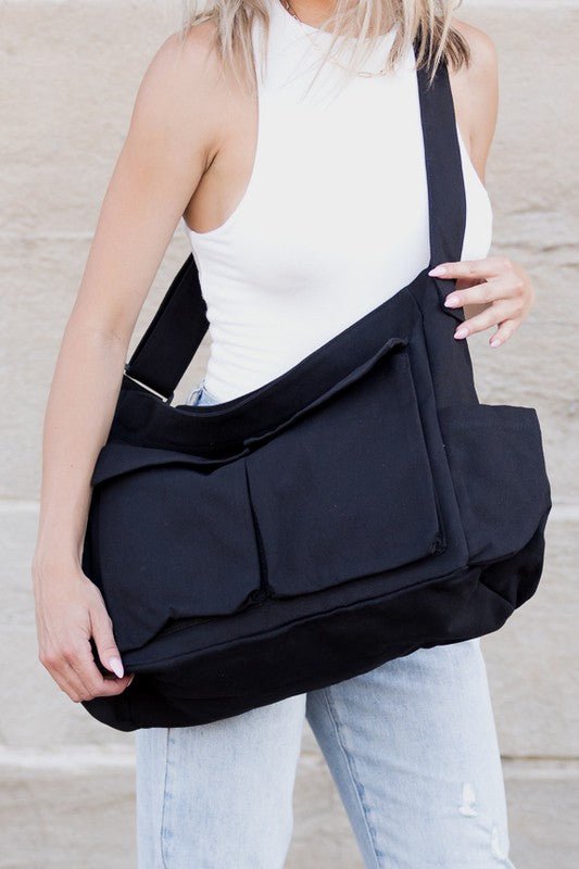 Harper | Women's Oversized Black Canvas Tote Bag Crossbody Messenger