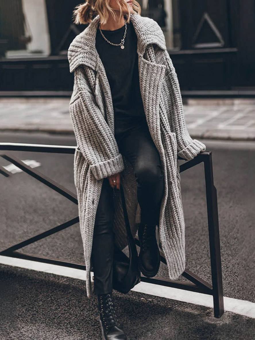 Mia | Women's Oversized Chunky Rib-Knit Longline Lapel Cardigan