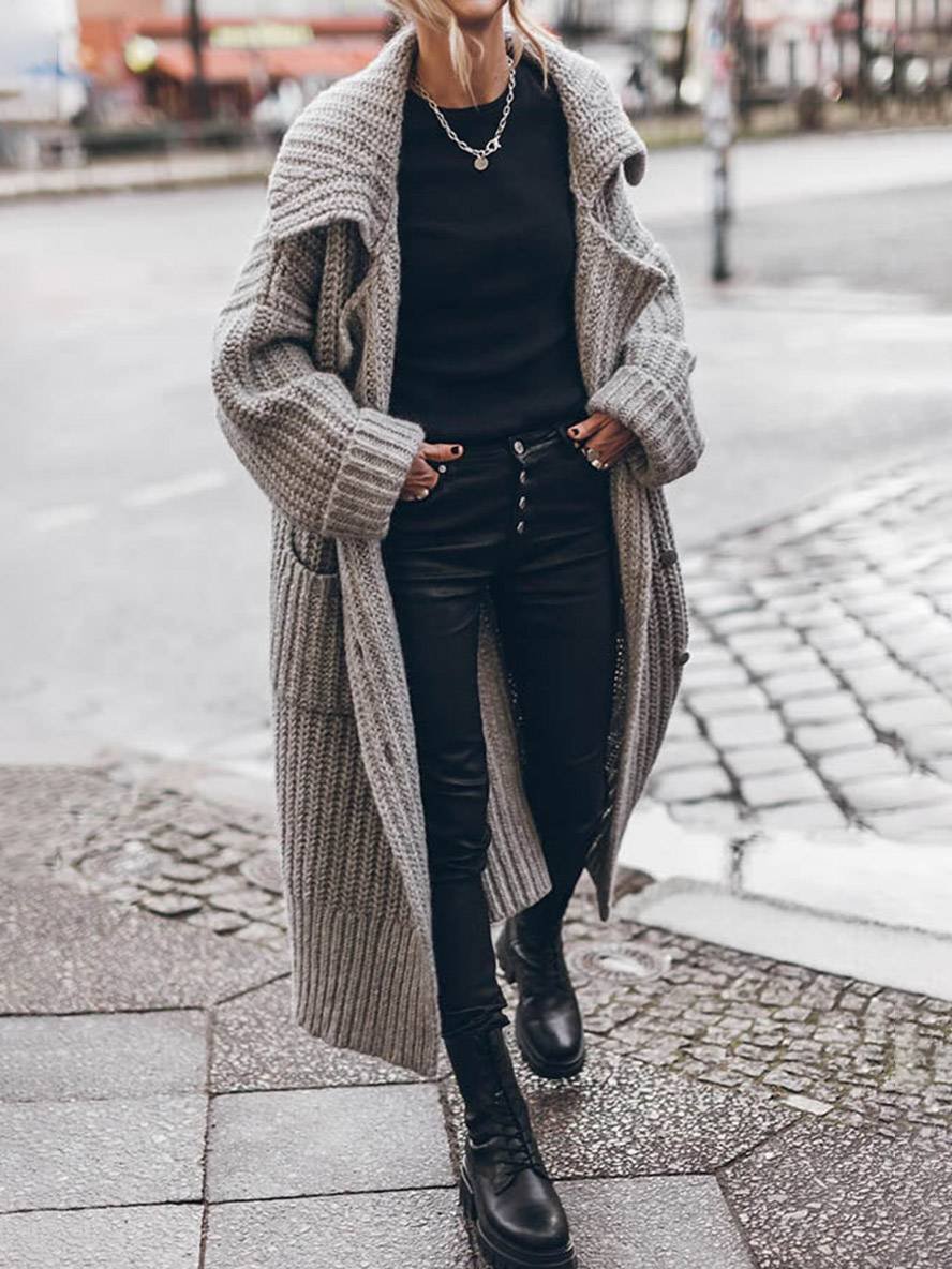 Mia | Women's Oversized Chunky Rib-Knit Longline Lapel Cardigan