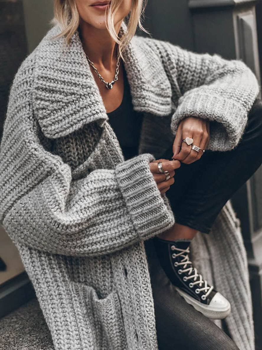 Mia | Women's Oversized Chunky Rib-Knit Longline Lapel Cardigan
