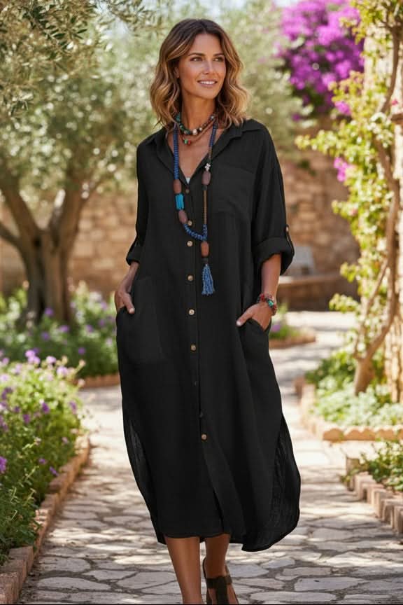 Evelyn | Women's Oversized Linen Midi Evening Gown Shirt Dress