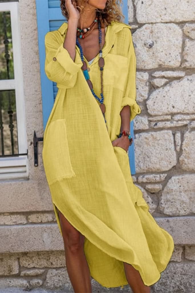 Evelyn | Women's Oversized Linen Midi Evening Gown Shirt Dress