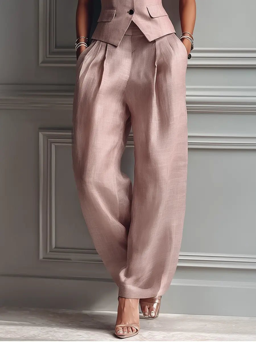 Olivia | Women's Pleated Wide Leg Pants Lapel Vest Linen Two-Piece Set