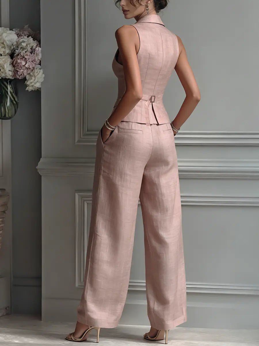 Olivia | Women's Pleated Wide Leg Pants Lapel Vest Linen Two-Piece Set